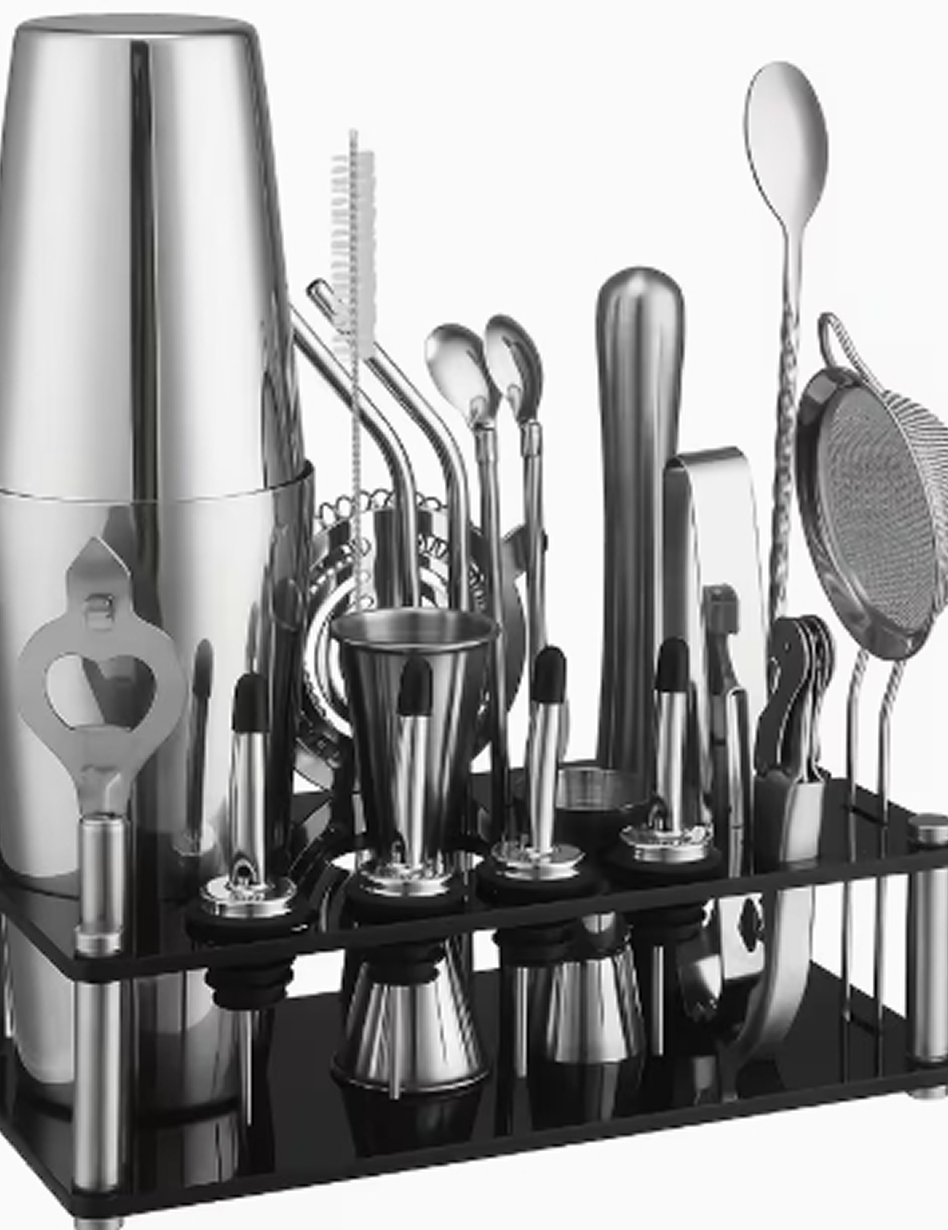 Ensemble Professionnel de Shaker à Cocktails avec Support – Kit de Barman Complet en Acier Inoxydable (Shaker, Jigger, Pilon, Passoire, Cuillère) pour Bar à Domicile et Restaurant