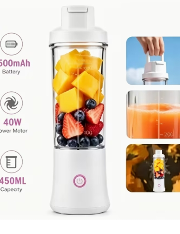 Mini Blender Personnel et Gobelet Portable 450 ml – Mixeur Électrique Sans Fil 40W à 12 Lames, Rechargeable par USB pour Smoothies et Voyages