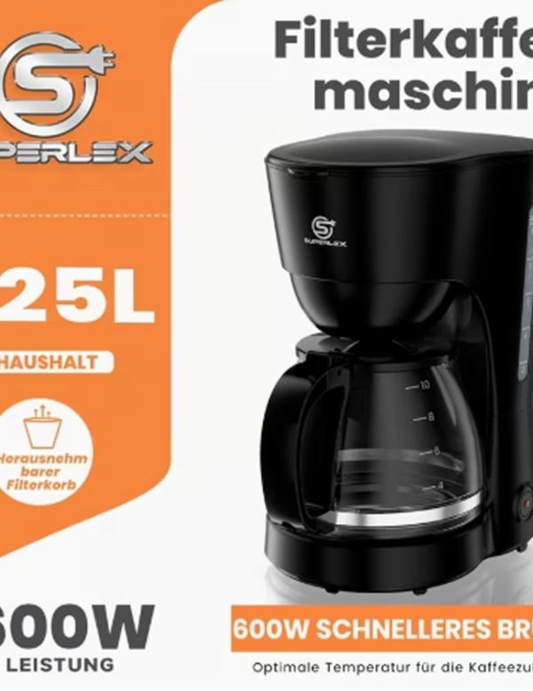 Rectangle 876 - 2026-07-05T003123.441 Cafetière Filtre Goutte à Goutte SUPERLEX 1,25L – Machine à Café Électrique pour Maison et Bureau avec Système Anti-Goutte et Arrêt Automatique