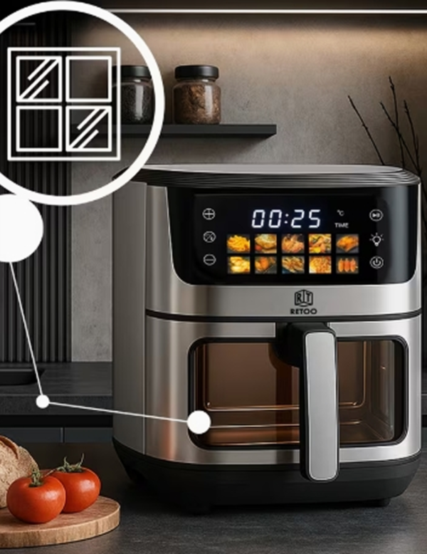 Grande Friteuse à Air Sans Graisse RETOO 6,5L – Air Fryer Électrique 1800W avec Fenêtre Visible, Écran Tactile et 10 Programmes