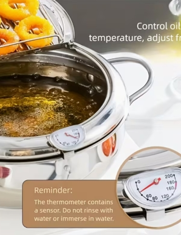 Marmite à Friture Japonaise Tempura en Acier Inoxydable – Casserole Économiseuse d'Huile avec Thermomètre Intégré et Couvercle Égouttoir pour Induction et Gaz