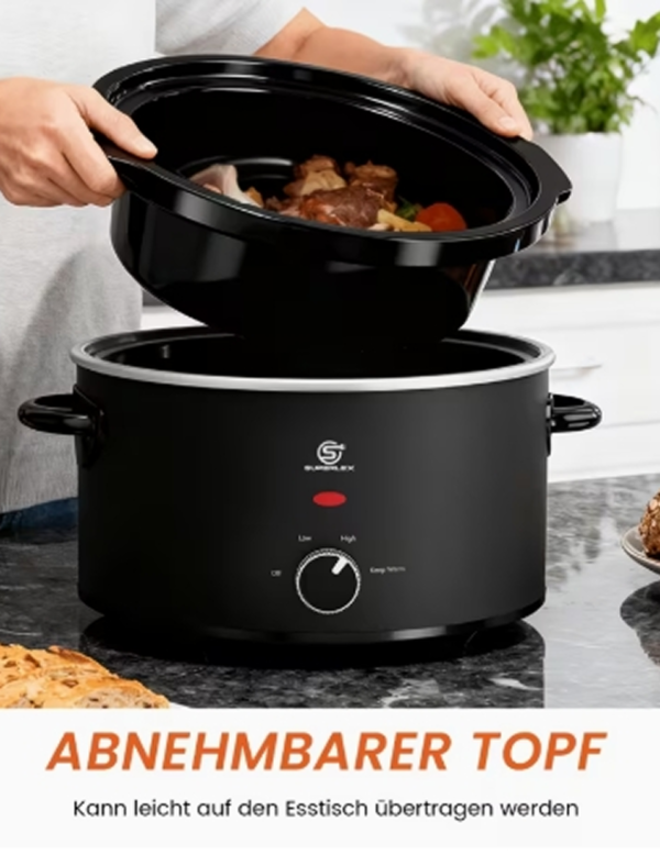 Mijoteuse Électrique Ovale SUPERLEX 3,5L – Cuisinière Lente Multifonctionnelle Basse Température, Fonctions de Cuisson et Maintien au Chaud Automatique, Fini Noir Mat