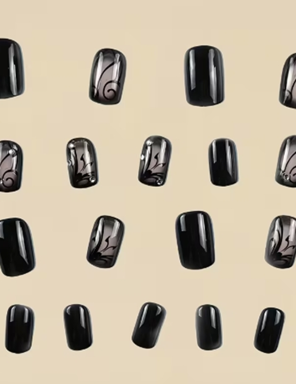 Faux Ongles Réutilisables Carrés de Longueur Moyenne – Kit de 24 Pièces à Motif Rayures Noires