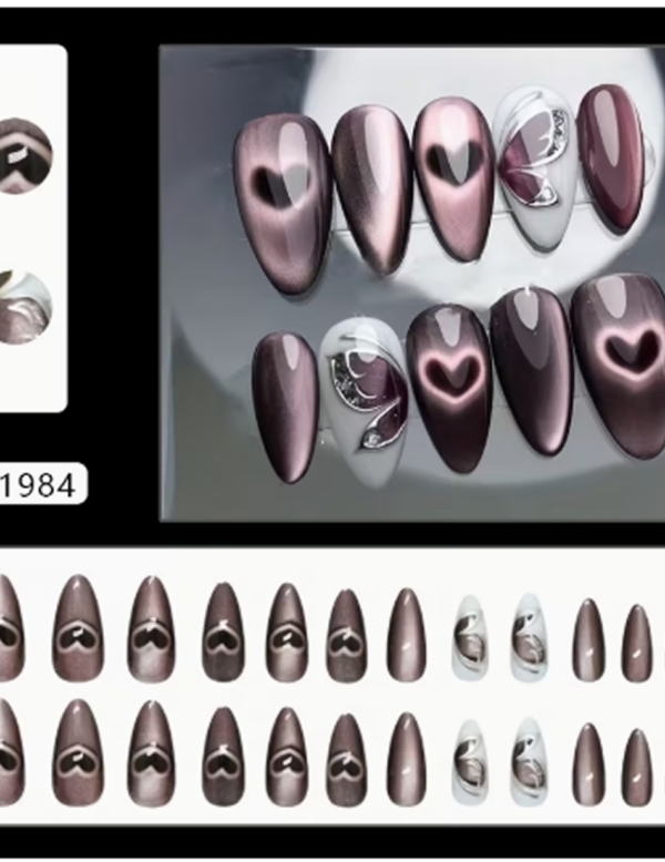 Rectangle 876 (57) Faux Ongles Press-On Nails 3D Premium – Kit de 24 Pièces Amovibles, Effet Œil de Chat, Motifs Papillon, Cœur Creux & Accents Style Western