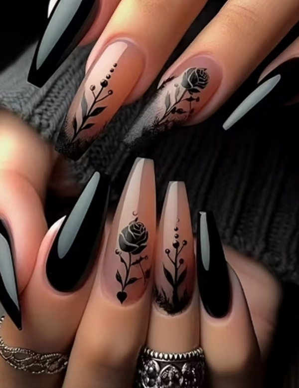 Faux Ongles Forme Ballet Style "Doux Cool Épice" à Motif Floral – Kit de 24 Pièces Brillantes Prêtes à Poser