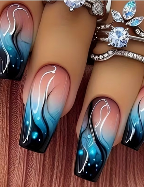 Faux Ongles Longs Forme Coffre Brillants Bleus et Roses – Kit de 24 Pièces Réutilisables, Style Français Moderne avec Ondulations et Motif Algue Marin