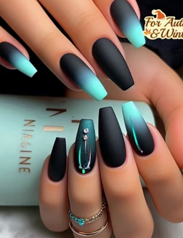 Faux Ongles Press-On Forme Ballet Dégradé Bleu-Noir Mat – Kit de 24 Pièces Style Automne-Hiver Décontracté