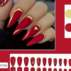 Faux Ongles Press-On Forme Amande Rouges Mats – Kit de 24 Pièces avec Accents Dorés et Cœur 3D pour la Saint-Valentin et Fêtes