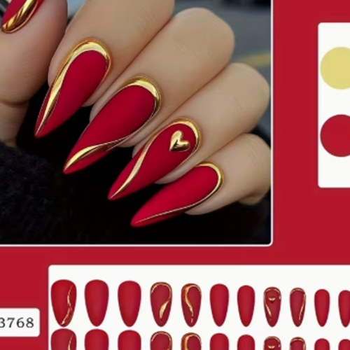 Faux Ongles Press-On Forme Amande Rouges Mats – Kit de 24 Pièces avec Accents Dorés et Cœur 3D pour la Saint-Valentin et Fêtes