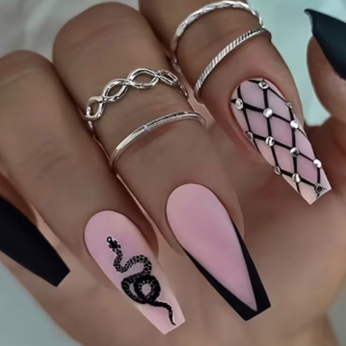 Faux Ongles Press-On Longs Trapézoïdaux Brillants – Kit de 24 Pièces à Rayures Animales Roses et Noires avec Colle Gel et Lime