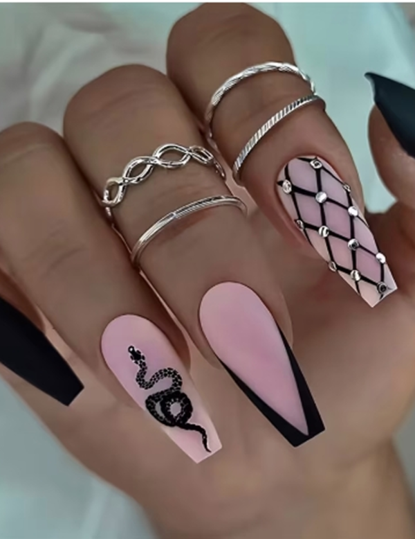 Faux Ongles Press-On Longs Trapézoïdaux Brillants – Kit de 24 Pièces à Rayures Animales Roses et Noires avec Colle Gel et Lime