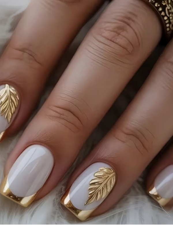 Faux Ongles Press-On Carrés Style Français avec Feuille Dorée – Kit de 24 Pièces Réutilisables pour le Travail et Occasions Formelles