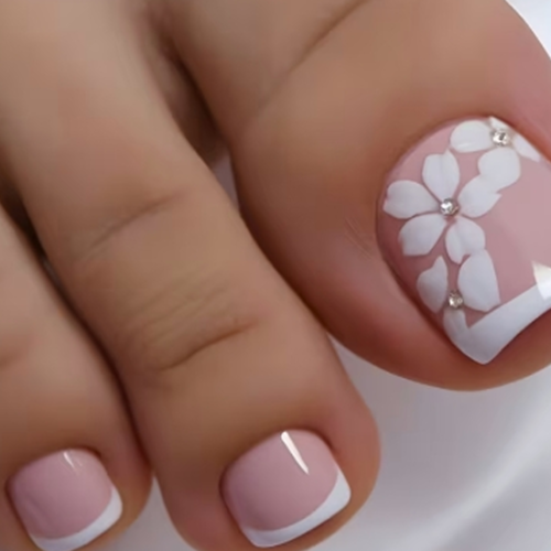 Faux Ongles d'Orteils Press-On Dégradé Rose et Blanc – Kit de 24 Pièces Brillantes avec Motifs Floraux et Strass