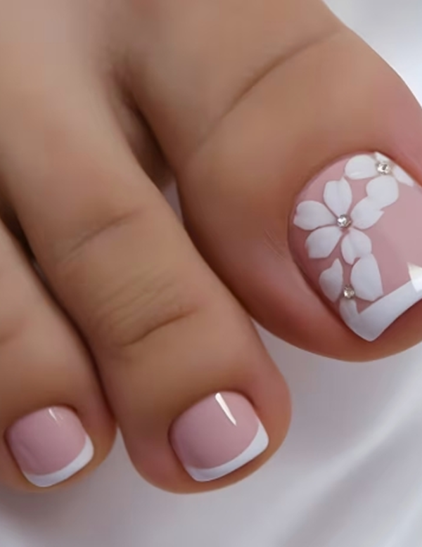 Faux Ongles d'Orteils Press-On Dégradé Rose et Blanc – Kit de 24 Pièces Brillantes avec Motifs Floraux et Strass
