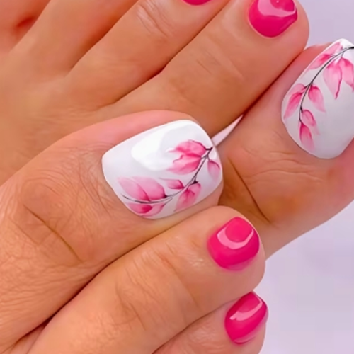 Rectangle 876 (80) Faux Ongles d'Orteils Press-On Motif Fleurs Roses – Kit de 24 Pièces "Armure de Beauté" pour Pédicure Printemps-Été