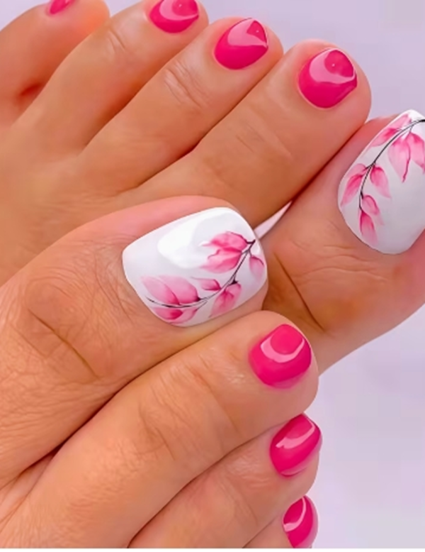 Rectangle 876 (80) Faux Ongles d'Orteils Press-On Motif Fleurs Roses – Kit de 24 Pièces "Armure de Beauté" pour Pédicure Printemps-Été