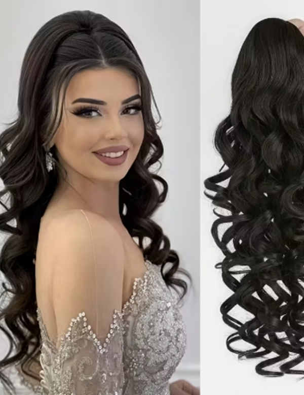 Extension de Cheveux Bouclés Volumineux 56 cm (55,88 cm) – Postiche en Fibre Synthétique Haute Qualité Résistante à la Chaleur, Couleur Noir Intense