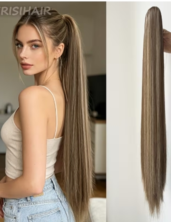 Extension de Queue de Cheval à Pince Griffe Longue et Droite – Postiche Lisse en Fibre Synthétique Résistante à la Chaleur pour le Quotidien et les Fêtes