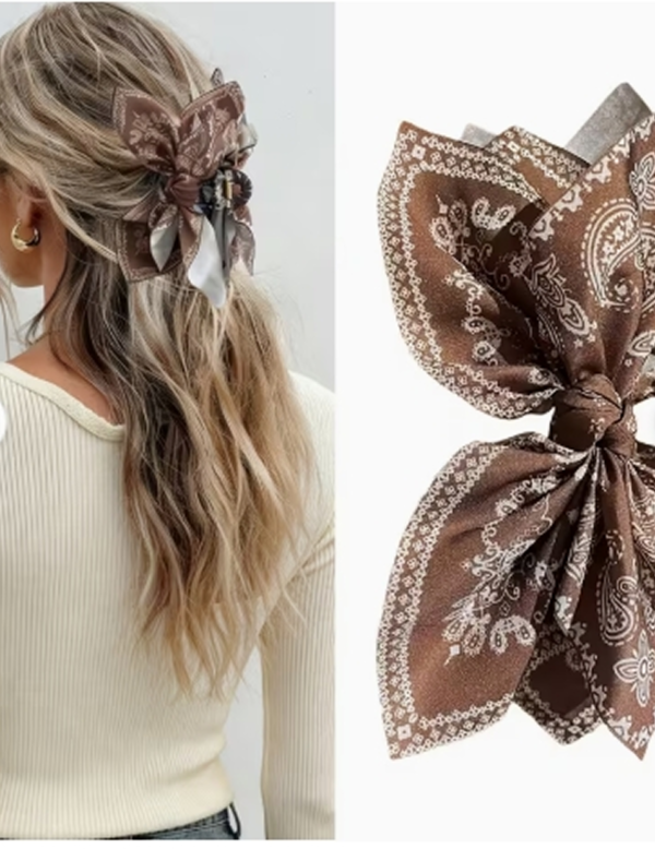 Grande Pince à Cheveux Crabe Couleur Café Style Bohème – Accessoire Cheveux pour Femme avec Motifs Fleur de Cajou, Papillon et Nœud
