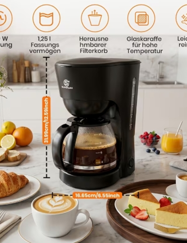 Rectangle 877 - 2026-07-05T003131.262 Cafetière Filtre Goutte à Goutte SUPERLEX 1,25L – Machine à Café Électrique pour Maison et Bureau avec Système Anti-Goutte et Arrêt Automatique