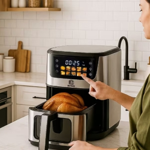 Grande Friteuse à Air Sans Graisse RETOO 6,5L – Air Fryer Électrique 1800W avec Fenêtre Visible, Écran Tactile et 10 Programmes