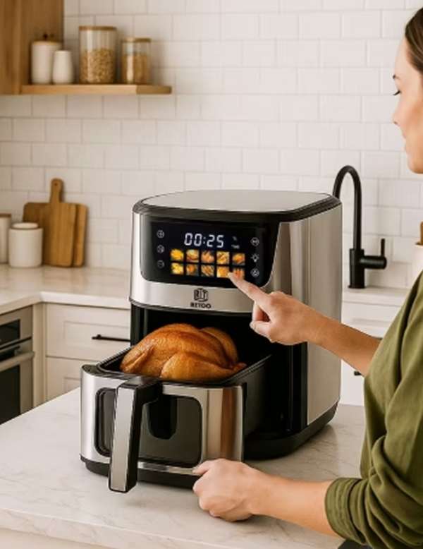 Grande Friteuse à Air Sans Graisse RETOO 6,5L – Air Fryer Électrique 1800W avec Fenêtre Visible, Écran Tactile et 10 Programmes
