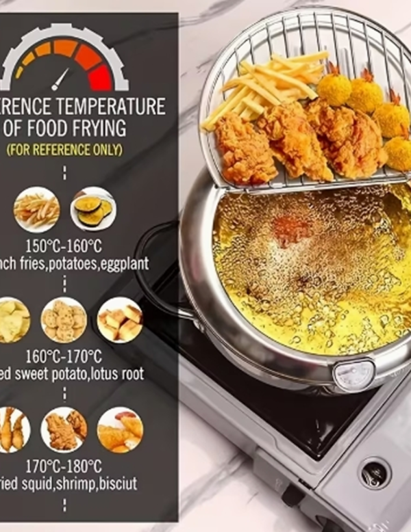 Marmite à Friture Japonaise Tempura en Acier Inoxydable – Casserole Économiseuse d'Huile avec Thermomètre Intégré et Couvercle Égouttoir pour Induction et Gaz