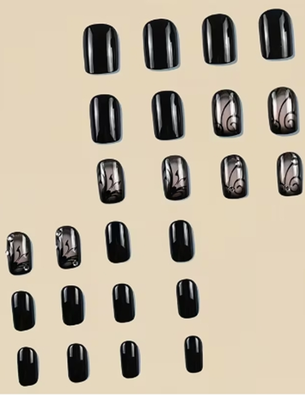 Faux Ongles Réutilisables Carrés de Longueur Moyenne – Kit de 24 Pièces à Motif Rayures Noires