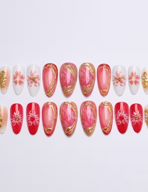 Rectangle 877 (51) Faux Ongles Press-On Goutte d'Eau Effet Glacé Abricot Lait – Kit 24 Pièces avec Motifs 3D Sculptés, Paillettes et Lignes Dorées