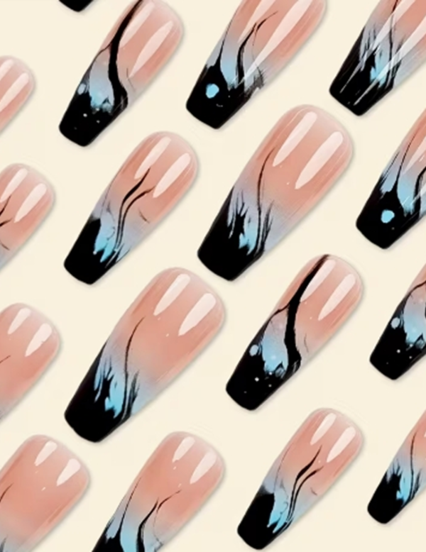 Faux Ongles Longs Forme Coffre Brillants Bleus et Roses – Kit de 24 Pièces Réutilisables, Style Français Moderne avec Ondulations et Motif Algue Marin