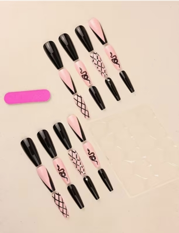 Faux Ongles Press-On Longs Trapézoïdaux Brillants – Kit de 24 Pièces à Rayures Animales Roses et Noires avec Colle Gel et Lime