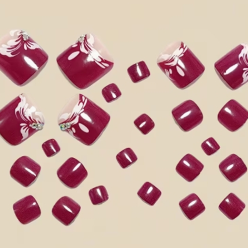 Rectangle 877 (70) Faux Ongles d'Orteils Press-On Carrés Courts Couleur Prune – Kit de 24 Pièces Effet Marbré à Veines Blanches, Strass et Paillettes