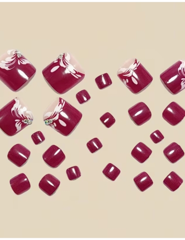 Rectangle 877 (70) Faux Ongles d'Orteils Press-On Carrés Courts Couleur Prune – Kit de 24 Pièces Effet Marbré à Veines Blanches, Strass et Paillettes