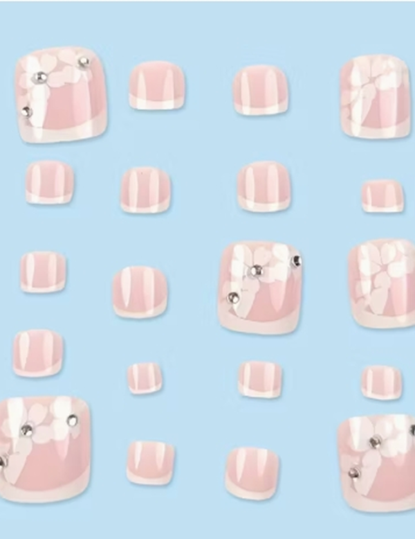 Faux Ongles d'Orteils Press-On Dégradé Rose et Blanc – Kit de 24 Pièces Brillantes avec Motifs Floraux et Strass