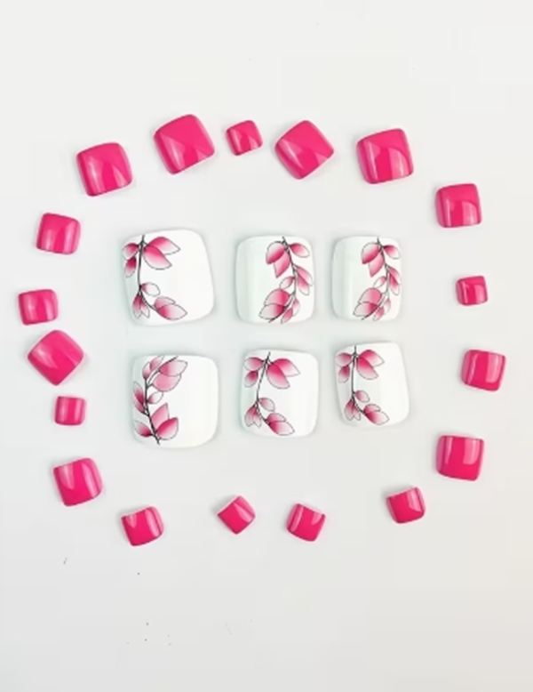 Rectangle 877 (74) Faux Ongles d'Orteils Press-On Motif Fleurs Roses – Kit de 24 Pièces "Armure de Beauté" pour Pédicure Printemps-Été