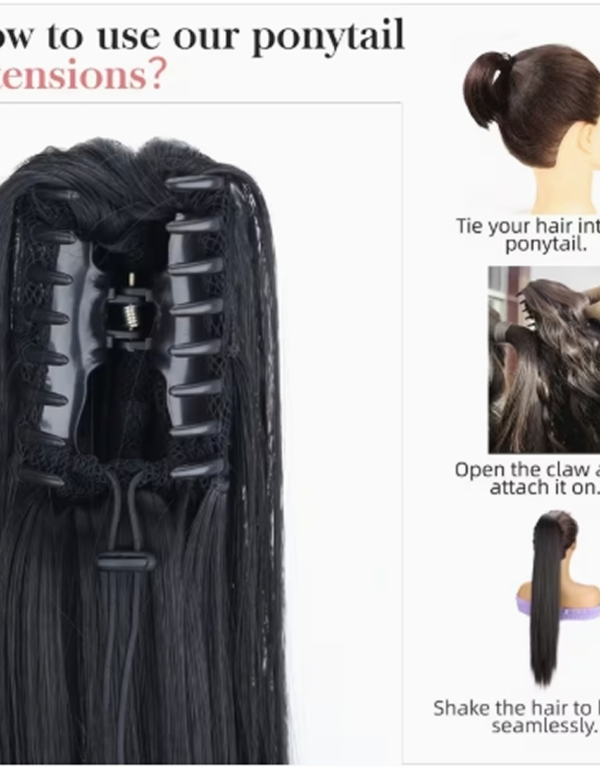 Extension de Queue de Cheval à Pince Griffe Longue et Droite – Postiche Lisse en Fibre Synthétique Résistante à la Chaleur pour le Quotidien et les Fêtes