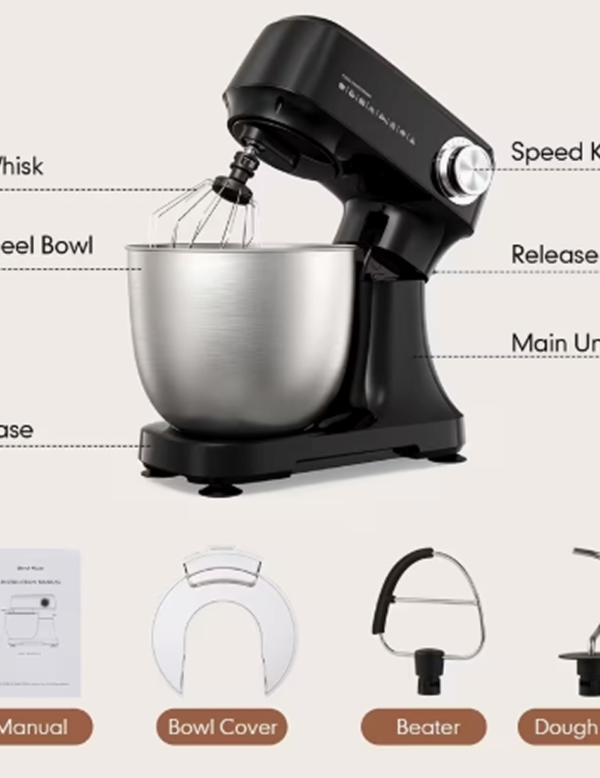 Robot Pétrisseur Électrique et Pâtissier 4,8 Litres – Batteur de Cuisine Léger et Compact, 12 Vitesses Réglables avec Fouet, Crochet et Batteur Plat
