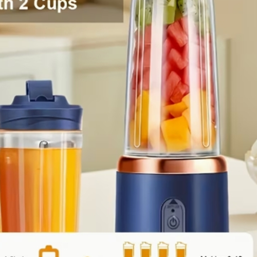 Mini Extracteur de Jus et Mixeur Portable 2-en-1 – Blender Sans Fil à 6 Lames Amélioré, Rechargeable par USB avec 2 Tasses et Couvercle Sport