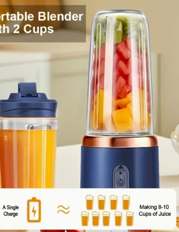 Mini Extracteur de Jus et Mixeur Portable 2-en-1 – Blender Sans Fil à 6 Lames Amélioré, Rechargeable par USB avec 2 Tasses et Couvercle Sport