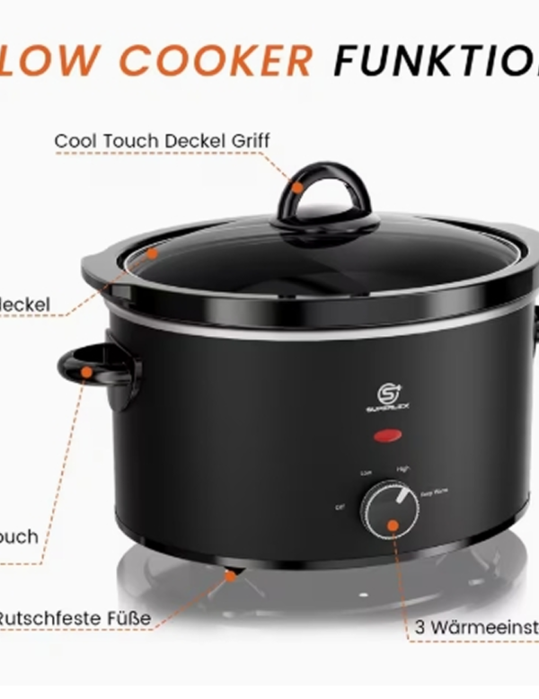 Mijoteuse Électrique Ovale SUPERLEX 3,5L – Cuisinière Lente Multifonctionnelle Basse Température, Fonctions de Cuisson et Maintien au Chaud Automatique, Fini Noir Mat