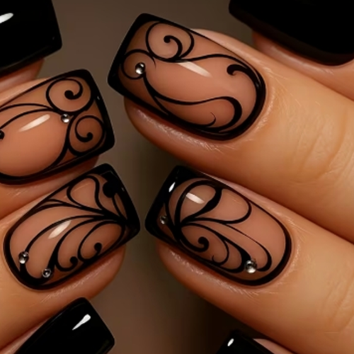 Faux Ongles Réutilisables Carrés de Longueur Moyenne – Kit de 24 Pièces à Motif Rayures Noires