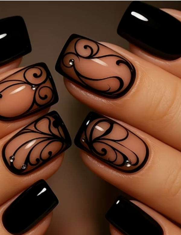 Faux Ongles Réutilisables Carrés de Longueur Moyenne – Kit de 24 Pièces à Motif Rayures Noires