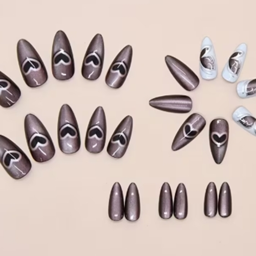 Faux Ongles Press-On Nails 3D Premium – Kit de 24 Pièces Amovibles, Effet Œil de Chat, Motifs Papillon, Cœur Creux & Accents Style Western