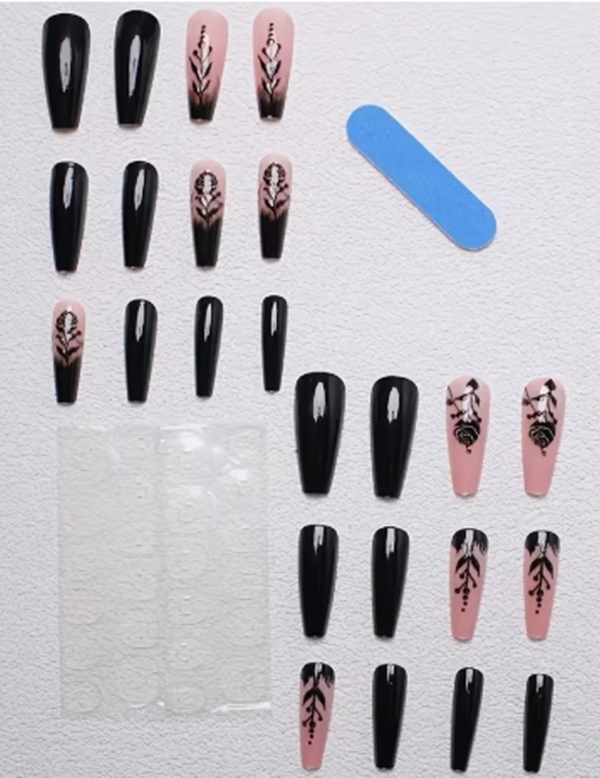 Faux Ongles Forme Ballet Style "Doux Cool Épice" à Motif Floral – Kit de 24 Pièces Brillantes Prêtes à Poser