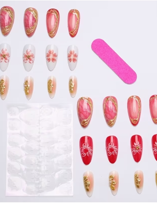 Rectangle 878 (49) Faux Ongles Press-On Goutte d'Eau Effet Glacé Abricot Lait – Kit 24 Pièces avec Motifs 3D Sculptés, Paillettes et Lignes Dorées