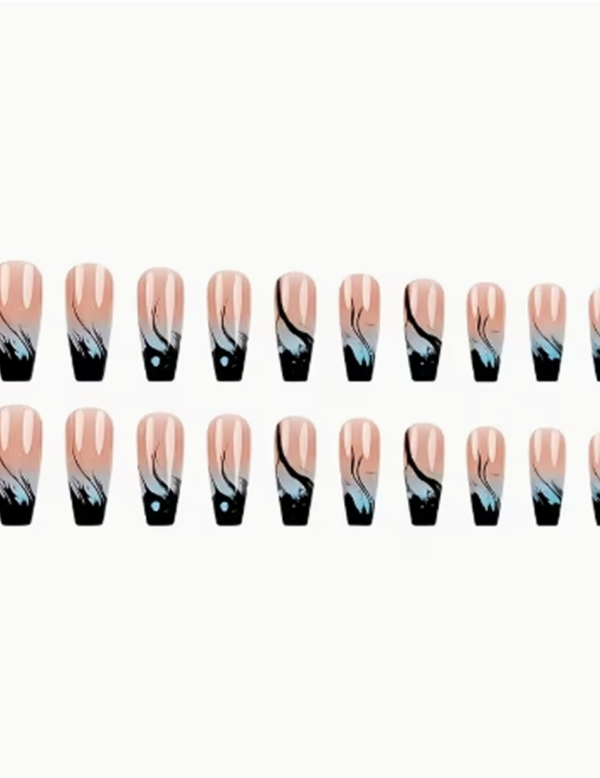 Faux Ongles Longs Forme Coffre Brillants Bleus et Roses – Kit de 24 Pièces Réutilisables, Style Français Moderne avec Ondulations et Motif Algue Marin