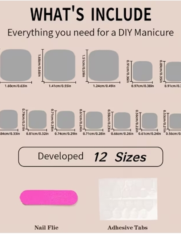 Rectangle 878 (64) Faux Ongles Press-On Carrés Courts Style Français – Kit de 24 Pièces Rose Nude et Blanc avec Fleurs 3D, Perles Dorées et Accessoires