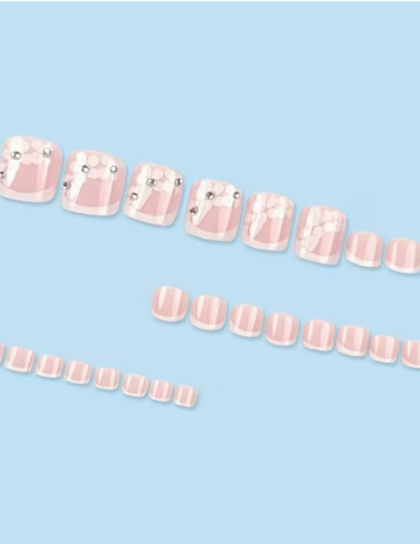 Faux Ongles d'Orteils Press-On Dégradé Rose et Blanc – Kit de 24 Pièces Brillantes avec Motifs Floraux et Strass
