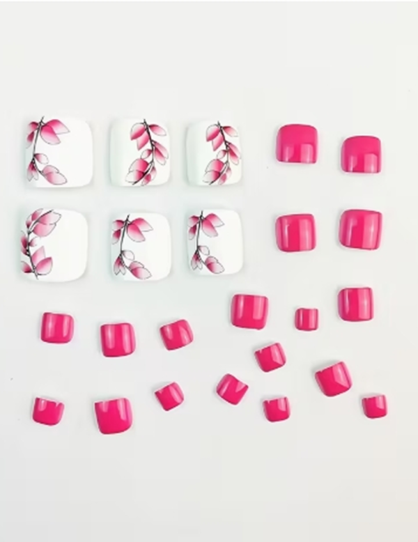 Rectangle 878 (72) Faux Ongles d'Orteils Press-On Motif Fleurs Roses – Kit de 24 Pièces "Armure de Beauté" pour Pédicure Printemps-Été