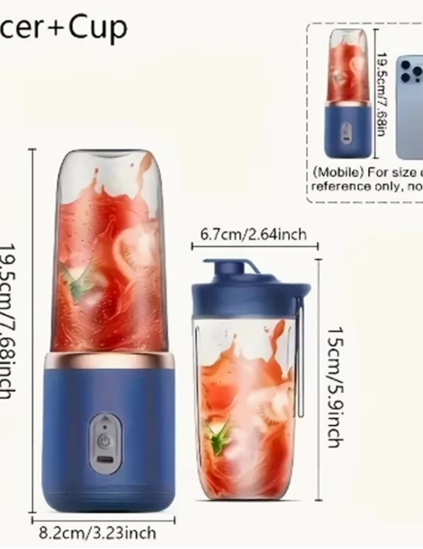 Mini Extracteur de Jus et Mixeur Portable 2-en-1 – Blender Sans Fil à 6 Lames Amélioré, Rechargeable par USB avec 2 Tasses et Couvercle Sport